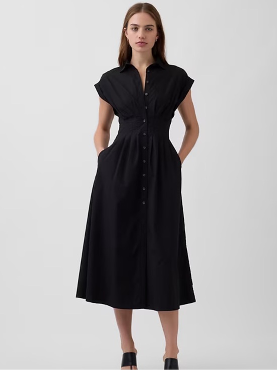 GAP Dresses & Skirts - NWT GAP Black Miniamalist Poplin Cinch Waist Cotton Cap Sleeve Button Down Dress